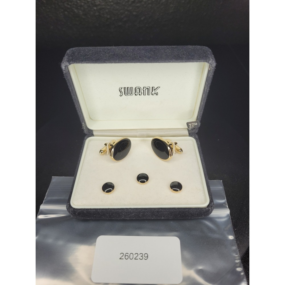 Swank Cufflink Shirt Stud Set Gold Tone Black Oval Round Excellent